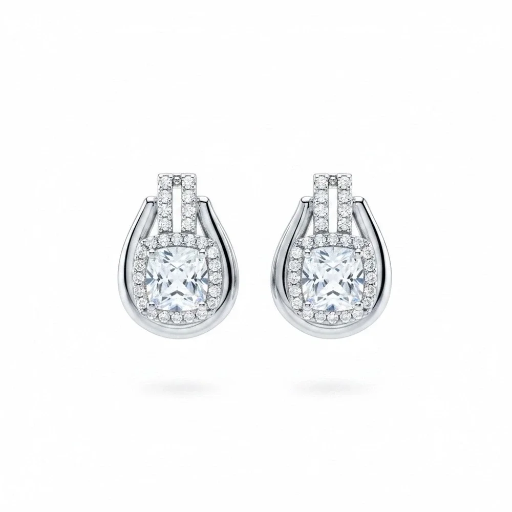 Cushion Cut Halo Drop Earrings Silver Tone Pave‎ Crystal Bridal Wedding Jewelry